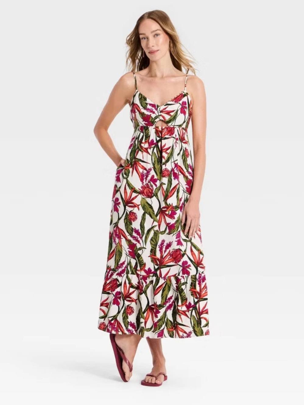 A New Day Beaded Strap Sweetheart Cutout Printed Maxi Linen Dress - Floral